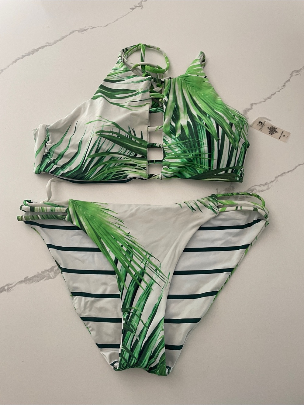 Reversible High Neck Palm-Print Bikini Set in Green and White